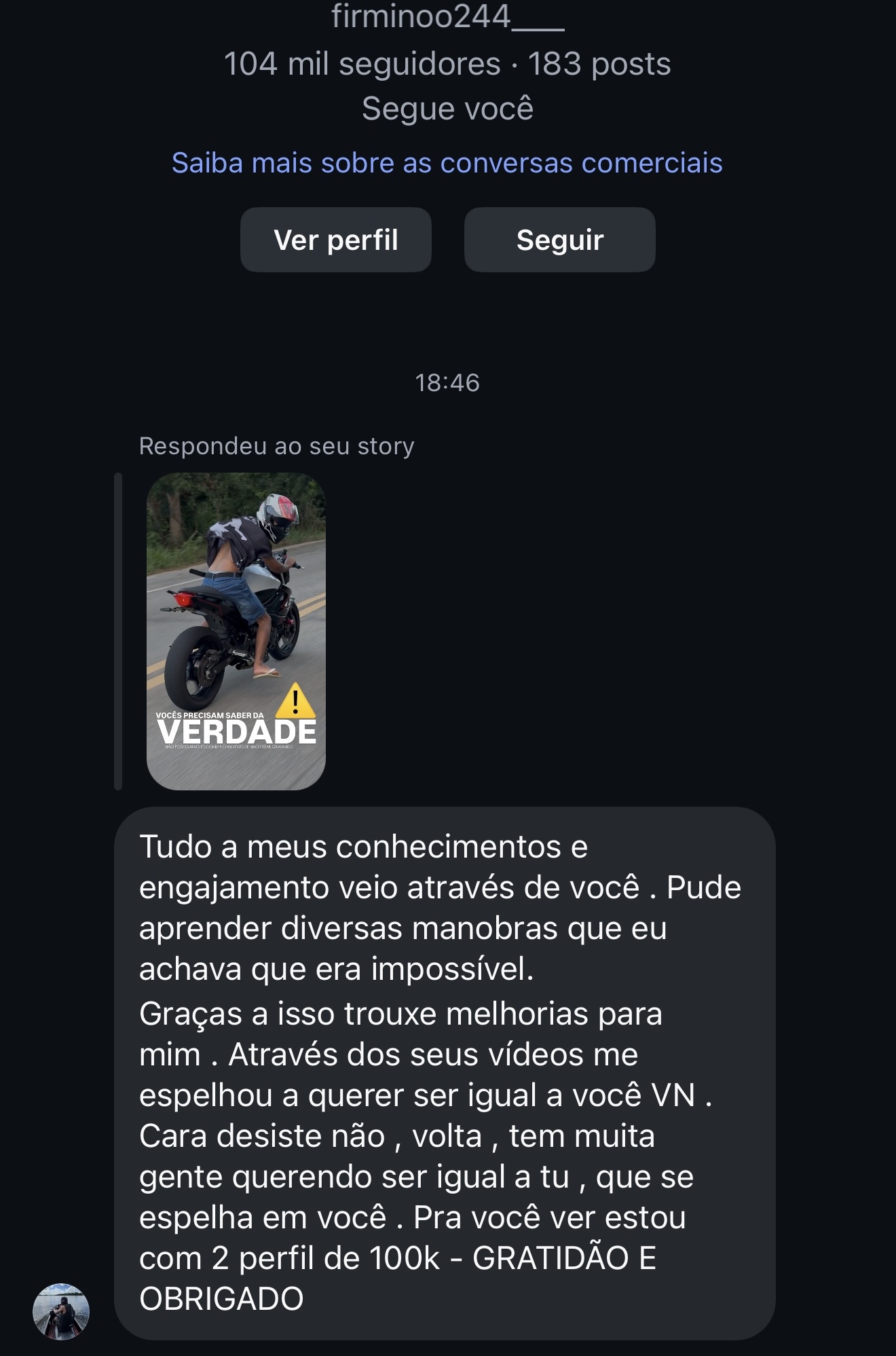 Print de mensagem de aluno agradecendo pelo aprendizado e crescimento do perfil